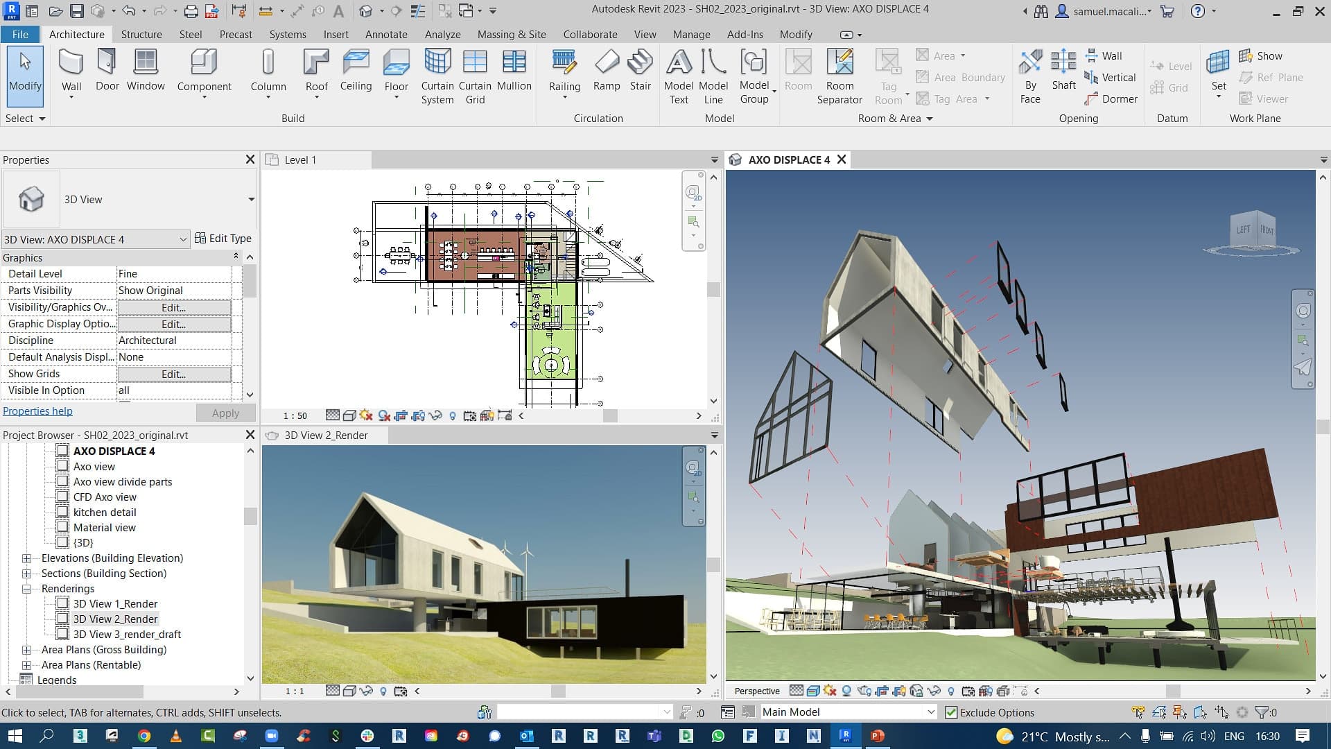 A Revit model in 3 viewports showings a floor plan, an axonometric view and an exploded axonometric view