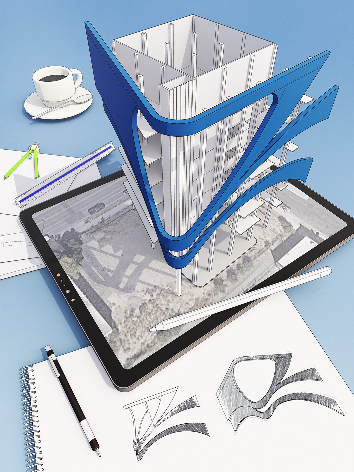 Illustration of a SketchUp 3D model above an iPad