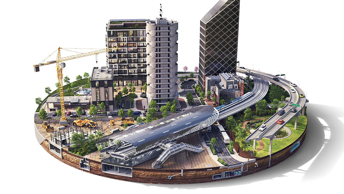 A 3D model of a cityscape on a circular base showing high-rise buildings, roads and train station