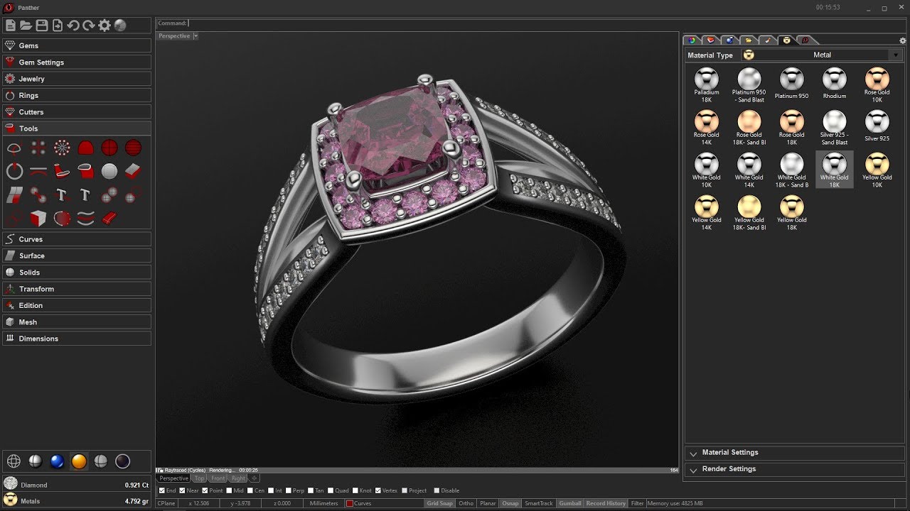 A rendered metal ring in the workspace of Rhino3D